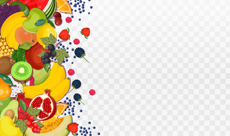 Various fresh fruit collection on left side. Healthy food. Set of melon, watermelon, pineapple, orange, apple, avocado. Vitamin diet, summer harvest. Isolated on white background. Vector illustrationのイラスト素材