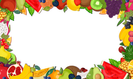 Various fresh fruit frame. Healthy vegetarian food. Set of melon, banana, watermelon, pineapple, orange, apple, avocado on border. Vitamin diet, summer harvest. White background. Vector illustrationのイラスト素材