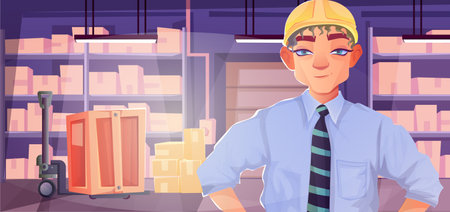 Cartoon warehouse interior with forklift. Businessman in helmet. Rack with carton boxes. Shelves with goods, various parcels. Crowded stockroom storage. Logistic delivery. Vector illustrationのイラスト素材