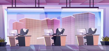 Modern co-working office interior. Large panoramic window with city skyscraper view. Desk and table with computer and armchair. Cute cartoon design. Employee and colleague concept. Vector illustrationのイラスト素材