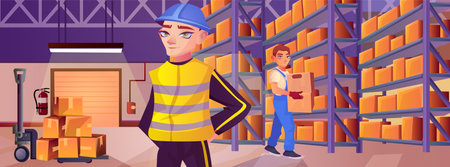 Cartoon warehouse interior with man employee in boiler suit and helmet at hangar. Worker holding carton box. Shelves with good, various parcel. Crowded storage. Logistic delivery. Vector illustrationのイラスト素材