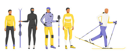 Set of winter ski clothes. Yellow collection of extreme sport equipment. Special wear for mountain outdoor activity. Isolated on white background. Vector illustrationのイラスト素材