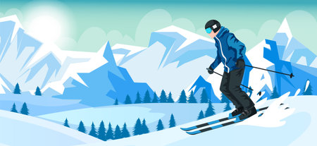 Skier man in warm blue clothes riding on snow hill near mountain. Snowy scenic landscape, winter active lifestyle resort. Seasonal vacation, sport outdoor activity. Vector illustrationのイラスト素材