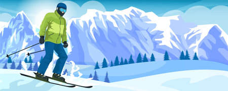 Picturesque mountain landscape, extreme sport recreation. Skier in green jacket doing outdoor activity. Winter holiday resort. Pine forest, high peak, cross downhill. Ski action. Vector illustrationのイラスト素材