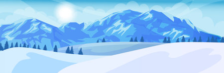 Winter time. Scenic snowy mountain landscape. Outdoor tourism activity. High peak, steep rock. Adventure climbing and travelling. Frost and cold. Pine forest. Vector illustrationのイラスト素材