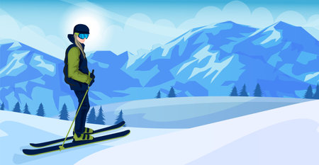 Skier man in warm clothes standing on snow hill near mountain. Snowy scenic landscape, winter active lifestyle resort. Seasonal vacation, sport outdoor activity. Vector illustrationのイラスト素材