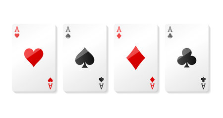 Vegas casino red and white poker cards in row. Diamonds, clubs, hearts, spades ace. Gambling addiction, risky money, lucky game. Concept of playing via real cash. White background. Vector illustrationのイラスト素材