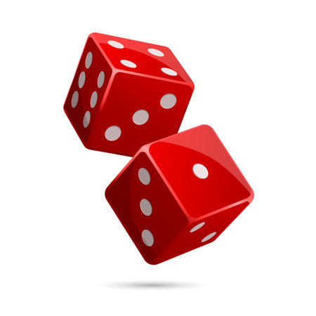 Throwing vegas casino red dice. One and four position cube. Take chance. Gambling addiction, risky money, lucky game. Concept of playing on real cash. Isolated on white background. Vector illustrationのイラスト素材