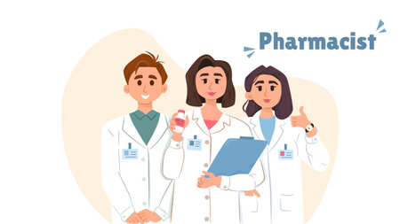 Doctor in white gown holding clipboard, male and female medic wearing uniform. Hospital employee standing in row. Pharmacist medicine. Emergency treatment concept. Vector illustrationのイラスト素材
