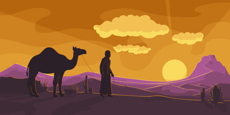Bedouin in traditional wear with caravan camel travelling across sahara desert panoramic view with bloody red scenic sunset and sunrise, landscape, arabic sand dune. Summer travel. Vector illustrationのイラスト素材