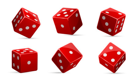 Turned vegas casino red dice in row. One to six position cube. Take chance. Gambling addiction, risky money, lucky game. Concept of playing via cash. Isolated on white background. Vector illustrationのイラスト素材
