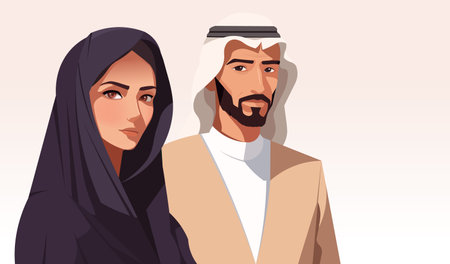 Arabian man and woman portrait, traditional muslim female and male character. Saudi national wear. Islamic young family. Beard and mustache. Lovely couple. Vector illustrationのイラスト素材