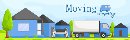 Moving company, delivery service, worker holding furniture, package moving, van shipping, male courier, home box shipment. Blue house street. Vector illustrationのイラスト素材