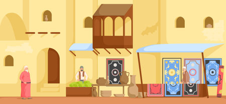 Arabian small town market, cityscape architecture, cartoon buildings, carpet trader, muslim antique mosque, traditional town. Authentic middle east religion urban house. Vector illustrationのイラスト素材