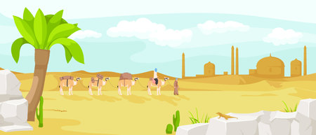 Bedouin in traditional wear with caravan camel travelling across sahara desert panoramic view, outdoor scenic landscape with town, arabic sand dune. Summer travel, holiday resort. Vector illustrationのイラスト素材