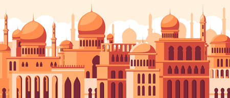 Arabian cityscape architecture, cartoon buildings, muslim antique mosque, ancient traditional town. Arab house silhouettes, historical authentic middle east religion urban. Vector illustrationのイラスト素材