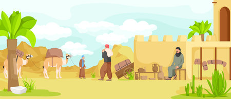Arabian small town cityscape architecture, cartoon buildings, muslim antique mosque, traditional town. Camel caravan with bedouin. Authentic middle east religion urban house. Vector illustrationのイラスト素材
