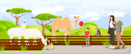 Cartoon tropical zoo, brown camel, white lama. Wild nature. Visitor play with cute mammal animal. Adults with children holding balloon. Monkey on fence. Cityscape and landscape. Vector illustrationのイラスト素材