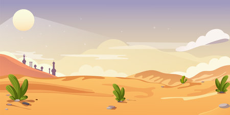 Sunset desert picturesque landscape. Sand dunes and city in the eastern background. Cactus and dry panoramic view. Concept of adventure and bedouin life. Vector illustrationのイラスト素材