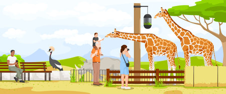 African safari zoo. Large giraffe, cartoon animal. Wild Africa, tourist vacation. Man and woman, happy children. Beautiful landscape. Savannah tree. Vector illustration.のイラスト素材