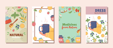Collection of disease treatment natural medicine postcard. Collection of natural ingredients and wild fruit product, honey and jam. Concept of illness treatment, healthcare. Vector illustrationのイラスト素材