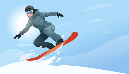 Jumping snowboarder in warm sport suit showing trick on snowboard. Special extreme equipment. Snowboarding concept. Downhill slope. Winter holiday active lifestyle. Vector illustrationのイラスト素材