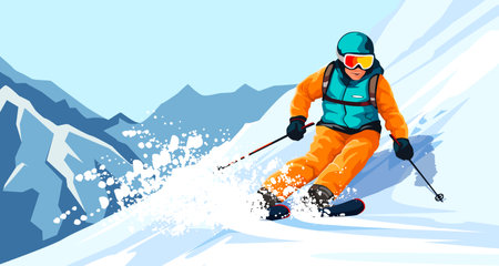 Sliding professional skier in orange warm sport suit with googles. Extreme downhill. Scenic picturesque mountain landscape. Winter holiday resort and vacation. Vector illustrationのイラスト素材