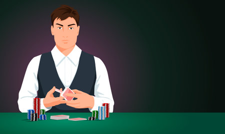 Casino croupier in formal uniform, blackjack dealer, green table, lucky betting. Stack of poker chips, playing cards. Serious employee. Dark background. Vector illustrationのイラスト素材