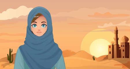 Cartoon young saudian woman portrait in traditional hijab wear standing at sahara desert panoramic view, outdoor scenic landscape, arabic sand dune. Holiday resort. Vector illustrationのイラスト素材