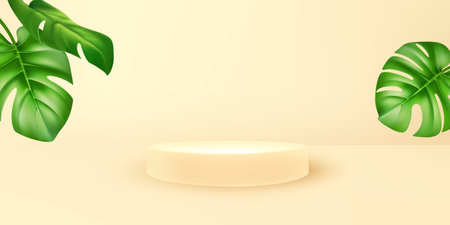 Cozy beige platform podium for product exhibition, minimalistic display, leaf ornament, modern stage, empty mockup copy space, pedestal for cosmetic. Vector illustrationのイラスト素材