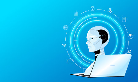 Artificial intelligence chat bot technology, digital robot face with laptop. Cloud data, online service, internet communication, chatbot support, virtual modern smartphone app. Vector illustrationのイラスト素材