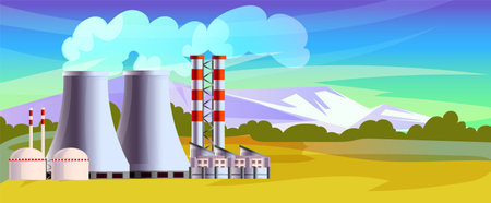 Nuclear power plant with rural landscape. Electric generation, energy production, station with reactor. Industrial factory, renewable resource. Environment pollution. Vector illustrationのイラスト素材