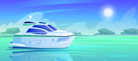 Cartoon yacht with closed cabin. Blue ocean. Sea, marine ship. Nautical transport. Summer vacation. Holiday cruise, adventure journey. Vector illustrationのイラスト素材