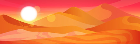 Scenic landscape, arabic sand dune. Bloody red Sahara desert panoramic view sunset and sunrise. Summer vacation travel, holiday resort. Yellow and orange color horizon. Vector illustrationのイラスト素材