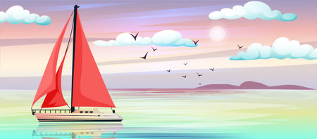 Sailboat with red sail, marine yacht, ocean travel. Blue water, summer tourism and vacation, cartoon vintage transport, beautiful seascape, maritime journey. Vector illustrationのイラスト素材