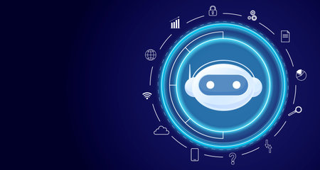 Artificial intelligence chat bot technology, digital robot face in round hologram. Cloud data, online service, internet communication, chatbot support, virtual modern app. Vector illustrationのイラスト素材