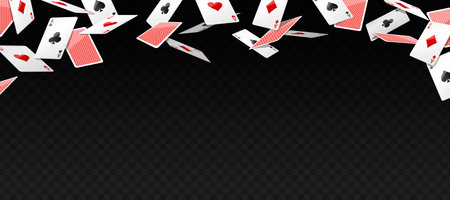 Flying vegas casino red and white poker cards. Diamonds, clubs, hearts, spades ace. Gambling addiction, risky money, lucky game. Concept of playing via real cash. Dark background. Vector illustrationのイラスト素材