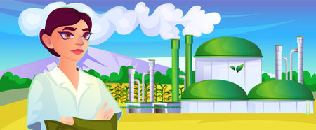 Biofuel station, renewable energy source, electricity and environment. Female engineer in suit in cross arm pose. Landscape with field, crops, agriculture. Industrial building. Vector illustration.のイラスト素材