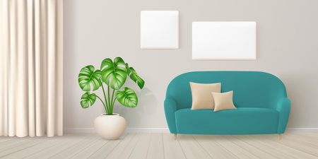Minimalist living room home interior design, teal sofa with pillow on oak wooden hardwood floor with houseplant, curtain, empty white poster with copy space. Cozy hotel decoration. Vector illustrationのイラスト素材