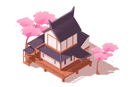 Traditional oriental japanese ancient house with sakura tree. Cultural building design. Asian tradition. Pagoda temple. Isolated on white background. Isometric vector illustrationのイラスト素材