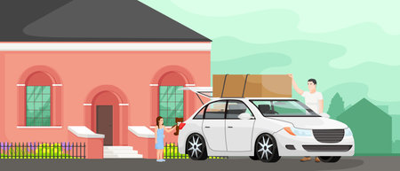 Moving house furniture, delivery service, outdoor package shipping. Family car with box on roof. Shipment between district and neighbourhood. Father and daughter near pink house. Vector illustrationのイラスト素材
