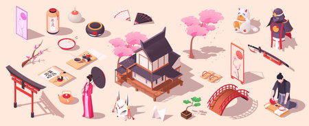 Traditional oriental japanese ancient house with sakura tree. Cultural elements. Asian tradition. Samurai katana and armour, japan food, geisha, bridge, lantern, arch. Isometric vector illustrationのイラスト素材