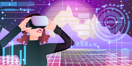 Excited woman in casual clothes wearing VR goggle watching at virtual reality world space hologram, digital interface, network technology, abstract cyberspace, futuristic science. Vector illustrationのイラスト素材