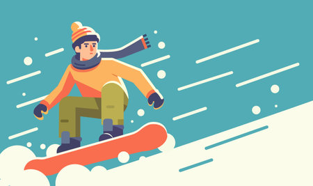Winter sport snowboarding. Colorful cartoon character snowboarder. Flat vector illustration. Colorful poster card with riding man. Picture or sticker with ski activity isolated on blue background.のイラスト素材