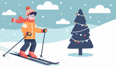 Young man at winter sport skiing. Colorful cartoon character man skier. Poster with smiling happy man on winter weekend. Picture card with ski activity on snowy blue background. Vector illustrationのイラスト素材