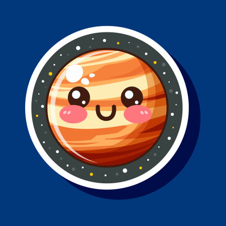 Cute smiling planet. Cartoon cosmic sticker for children. Astronomy education label. Galaxy star isolated on blue background. Fashion sticker, desigh for print. Vector illustrationのイラスト素材