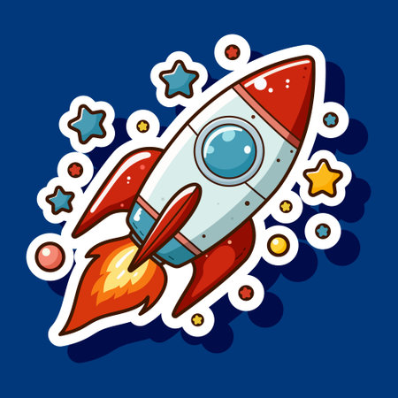 Cartoon cosmic rocket sticker for children. Space rocket with colorful stars. Shuttle spaceship flying in galaxy isolated on blue background. Fashion stickers, label for print. Vector illustrationのイラスト素材
