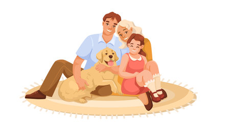 Happy family characters isolated on white background. Parents and child embrace love Father and mother sitting on carpet with daugther and lovely dog pet. Relationship concept. Vector illustrationのイラスト素材