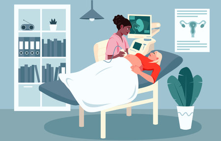 Pregnant woman in maternity clinic. Doctor conducts ultrasound examination. Nurse provide hospital care. Woman a lying in bed. Professional women consultation. Flat Vector illustrationのイラスト素材
