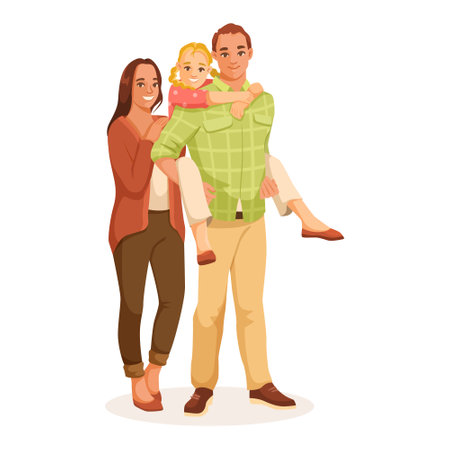 Happy family characters isolated on white background. Parents with child daughter embrace love. Support father and mother. Smiling couple husband and wife. Relationship concept. Vector illustrationのイラスト素材